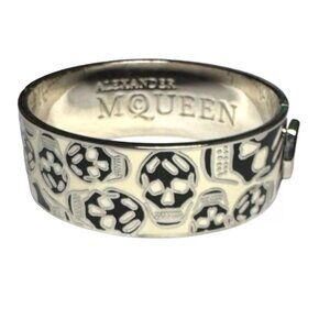 Alexander McQueen Skull Logo Icon White Black Enamel Silver Hinged Cuff Bracelet